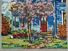 This is a wonderful needlepoint tapestry canvas that is finished and is ready for framing or other projects!  A charming house with a blooming cherry tree in front, and the pink blossoms are sparkly!  The whole canvas measures about 14" X 17", and the finished portion is 11" X 15".  It has the initials BMW and the date 2000 in the left lower corner.  The stitching is beautiful!  Ready for you! Lake Oswego, Charming House, Needlepoint Tapestry, Pink Blossom, Cherry Tree, Hand Stitching, Needlepoint, Fiber Art, Blossom