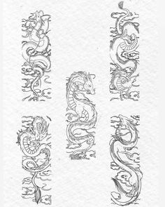 four dragon tattoo designs on white paper