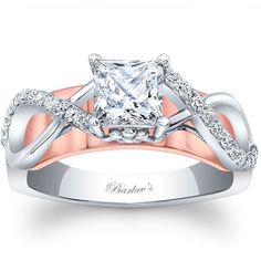 a white and rose gold engagement ring with a princess cut diamond center stone in the center