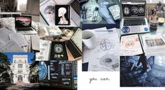 a collage of photos with various things on them including books, papers and laptops