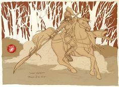 a drawing of a man riding on the back of a horse in front of trees