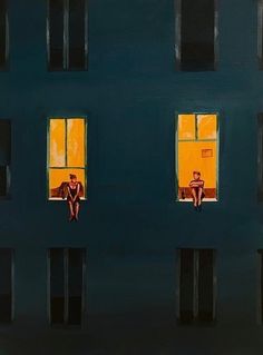 two people are sitting in the windows of a building