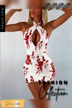 Halter Floral Print Cut-out Ruched Bodycon Mini Dress Ruched Bodycon Dress For The Beach, Beach Bodycon Ruched Dress, Ruched Bodycon Beach Dress, Spring Beach Bodycon Dress With Ruched Detail, Spring Ruched Bodycon Dress For Beach, White Ruched Bodycon Dress For Summer, Casual Ruched Bodycon Beach Dress, Casual Ruched Bodycon Dress For The Beach, White Ruched Halter Neck Bodycon Dress