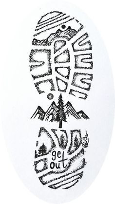 a white circle with the words get out written on it and mountains in the background