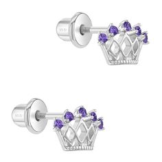 The perfect pair of earrings for the princess of the house. These beautiful crown earrings feature bright and regal cubic zirconia at each crown point for sparkle and shine. Crafted entirely in 925 sterling silver and cubic zirconia stones, they are hypoallergenic and safe for children with sensitive ears. They feature a threaded earring post and back to ensure your child's earrings stay safely and comfortably in place. A complimentary gift box is included . Age Group: Ideal for Young Girls or P Silver Cubic Zirconia Birthday Earrings, Silver Cubic Zirconia Earrings For Birthday, Princess Style Jewelry With Tall Crown Design, Toddler Earrings, Purple Crown, Crown Baby, Crown Earrings, Kids Earrings, Princess Crown