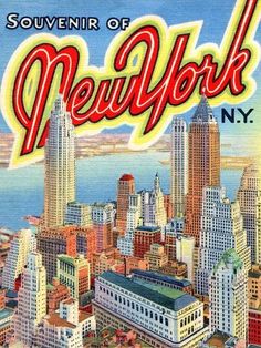 the new york city skyline is depicted in this postcard