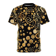 Artistic T-Shirt, Nightclub Shirt, Limited Edition, Designer Tee, Party Shirt, Gift for Artist, Klimt Inspired, Gift for her, Gift for Him. ♥ All of Our T-Shirts Are MADE TO ORDER. This allows us to offer more colors and sizes and different ink colors based on shirt colors. Steps To Place Your Order ♥ Choose Shirt Weight (4oz Or 6oz) From Drop Down ♥ Choose Shirt Size From Drop Down ♥ Add to cart. That's All That's To It. You will receive tracking info when your order ships from the printer. This tee was created to be a versatile and stylish companion for all your casual appearances. With its uniquely textured, thick, microfiber-knit fabric, this t-shirt bears a premium, soft feel that remains lightweight and breathable - the perfect combo for a hot day or layering. ♥ 100% Polyester - This Gold Graphic Print Short Sleeve T-shirt, Party Shirt With Custom Print And Crew Neck, Custom Print Crew Neck Shirt For Party, Crew Neck Shirt With Custom Print For Parties, Artistic Crew Neck Shirt With Custom Print, Fitted Party T-shirt With Custom Print, Fitted Custom Print T-shirt For Party, Gold Short Sleeve T-shirt With Direct Printing, Gifts For An Artist