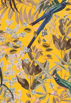 a painting of birds and flowers on a yellow background