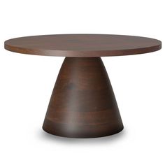 a round wooden table with an iron base and dark wood grain finish on the top