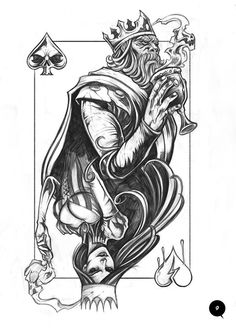 a black and white drawing of a king playing cards