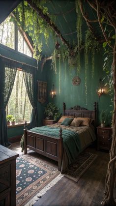 Boho Witchy Bedroom Fairy Cottage Aesthetic Room, Forest Core Decor, Earthy Victorian Bedroom, Victorian Room Ideas Bedrooms, Forest Witch Decor Aesthetic, Forest Goth Bedroom, Forest Aesthetic Interior Design, Green Forest Bedroom Ideas, Witchy Cottagecore Home Decor