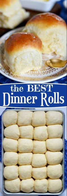 the best dinner rolls are on display in front of green and white background with blue border