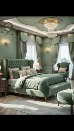 a bedroom with green furniture and curtains on the windowsill, along with a chandelier