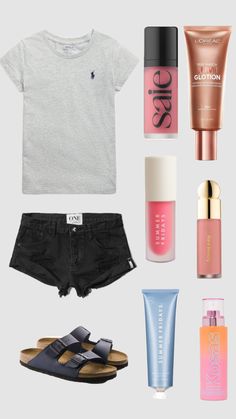 the contents of a woman's outfit including sandals, t - shirt and lipstick