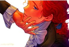 a drawing of a woman with red hair holding her hand to her face and looking at the camera