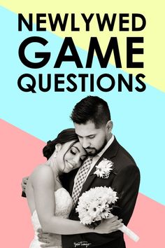 a man and woman hugging each other with the words newlywed game questions in front of them