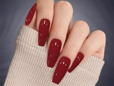 Transform your nails with our stunning Red Sangria Press on Nails! These custom hand-painted nails feature a deep, rich red shade reminiscent of a fine glass of sangria, perfect for any occasion from casual outings to formal events. You will receive a full set of 10 nails in your size along with a complimentary gift of a nail file, cuticle stick, alcohol wipes, and nail glue. If you prefer tape tabs instead of glue, just let us know. I am more than happy to personalize your order, so please reac Bright Red Coffin Acrylic Nails, Fall Reds For Nails, Wine Red Nail Polish, Burgundy Pedicure Toenails, Wine Red Nails Designs Fall, Wine Color Nail Ideas, Red Wine Nails Design Burgundy, Deep Red Nail Color