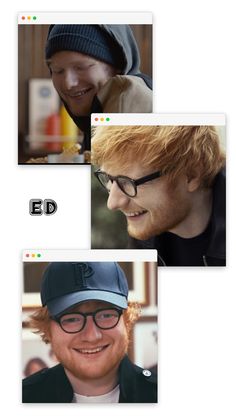 three different pictures of a man with glasses and a hat on, one is smiling at the camera