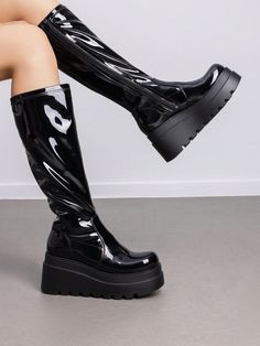 These knee-high boots feature a flexible boot shaft that beautifully shapes your legs and elongates your silhouette, delivering a stylish and slimming effect.Designed with a 5mm high-elastic latex insole, these boots offer exceptional arch support, ensuring all-day comfort without compromising on style.With a striking 3.54-inch platform, these boots infuse a bold punk attitude while providing stability and confidence in every step, making them the ultimate statement piece.The lightweight outsole Heel Knee High Boots, Punk Women, Goth Boots, Platform Boots Chunky, Chunky Heels Boots, Boots Women Fashion, Long Walks, Outdoor Fashion, Heels Boots