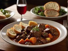 a bowl of beef stew with bread and vegetables on a table next to a glass of wine