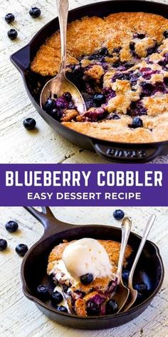 blueberry cobbler in a cast iron skillet with ice cream on top