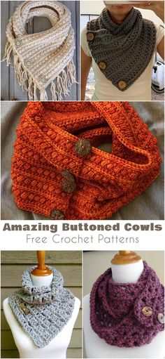 four different crocheted cowls with buttons on them and the text, amazing buttoned cowls free crochet patterns