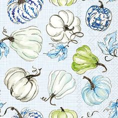 blue and green pumpkins with leaves on a white background, all painted in different colors