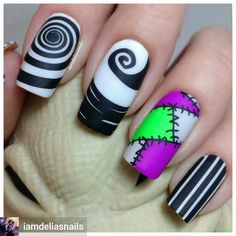 From #Instagram  #nightmarebeforechristmas #movie #halloweennails #nailsoninstagram Halloween Patchwork Nails, Cotton Candy Nails, Horror Nails, Unghie Nail Art, Halloween Acrylic Nails, Art Designs Ideas, Accent Nail, Goth Nails