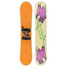 an orange snowboard with pink elephants on the bottom and green writing on the bottom