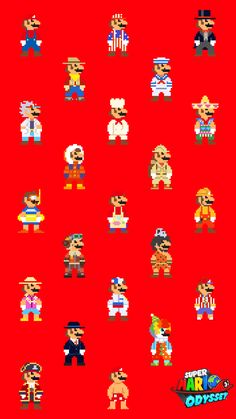 an old - school video game poster with different characters and colors on the screen, including red