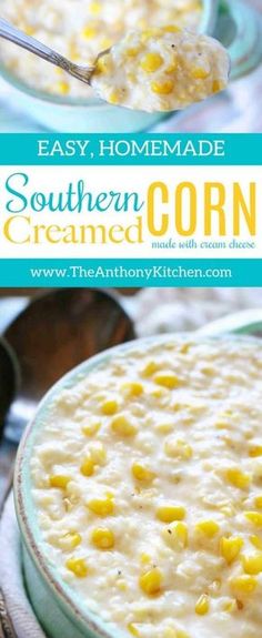 a close up of a bowl of corn pudding with a spoon in it and text overlay reading easy homemade southern creamed corn