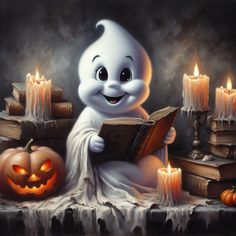 a ghost reading a book next to candles and pumpkins