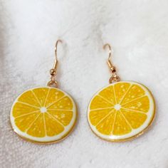 Yellow Color Lemon Earrings Spring Yellow Round Jewelry, Summer Single Yellow Earring, Yellow Drop Earrings For Spring, Yellow Dangle Earrings For Spring, Trendy Yellow Drop Earrings, Trendy Yellow Earrings For Summer, Casual Yellow Earrings For Summer, Summer Orange Nickel-free Earrings, Nickel-free Yellow Earrings For Summer