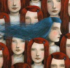 a group of women with red hair and blue eyes are depicted in this drawing by an artist