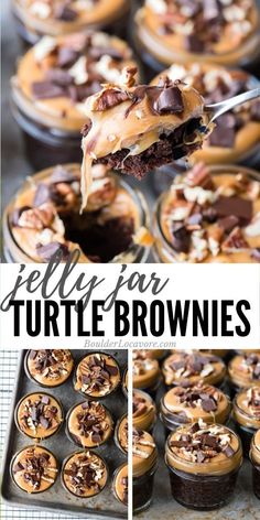 there is a chocolate cupcake with caramel toppings on it and the title says jelly for turtle brownies