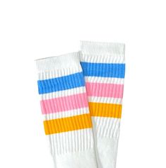 "Skatersocks White with Light Pink, Blue, Gold Stripes Knee High Tube Socks Length: approx 22\" Expect them to be: -over-the-knee for kids -knee-high for most adults -mid-calf for tall adults Made of 82% Cotton, 10% Nylon, 5% Acrylic, 3% Spandex and 100% in the USA!" Skate Socks, Style Skate, Yellow Socks, Custom Socks, Over The Knee Socks, Retro Stripes, Striped Socks, Tube Socks, Womens Casual