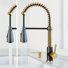 two different views of a kitchen faucet with gold and black fixtures