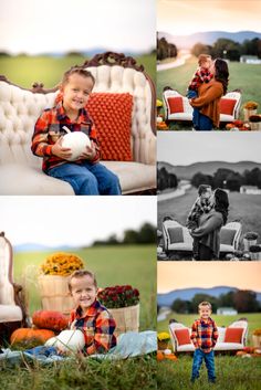 a boy sitting on a couch holding a ball in his hands and smiling at the camera