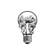 a black and white drawing of mushrooms in a lightbulb with flowers on it