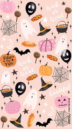 a pink background with black and white pumpkins, bats, spider webs and more