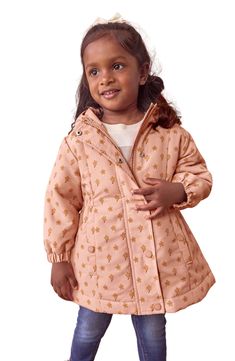 Posies pepper a water-resistant jacket that's lined in cozy fleece and topped with a roomy hood to become your little one's go-to on rainy days and beyond. Front zip closure with snap storm placket Fixed hood Elastic cuffs Internal drawcord waist Front snap-flap pockets Water resistant Fleece lining 100% recycled polyester Machine wash, tumble dry Imported Pink Showers, Water Resistant Jacket, Girls Outerwear, Pink Coat, Girl Coat, Fabric Gifts, Free Fabric, Baby Wearing, Hand Warmers