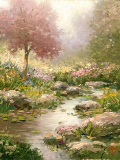 a painting of flowers and trees by a stream in the middle of a field with rocks