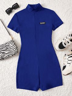 Letter Patched Zip Up Unitard Romper Royal Blue   Short Sleeve Knitted Fabric Slogan  Slight Stretch  Women Clothing, size features are:Bust: ,Length: ,Sleeve Length: Body Azul, Royal Blue Shorts, Blue Jumpsuits, Sport Chic, Short Jumpsuit, Catsuit, Rompers Women, All Fashion, Jumpsuits For Women