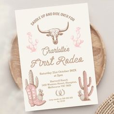 $1.98 | Vintage Pink Brown Girls First Rodeo 1st Birthday - pink and brown, zgroupon, first rodeo 1st birthday invitation, girls first rodeo birthday invitation, longhorn cow, cowgirl boot, cactus, western themed 1st birthday invitation, wild west, vintage style Her First Rodeo Birthday, Pink First Rodeo Birthday, Pink Rodeo Birthday Party, First Rodeo Invitations, Girl First Rodeo Birthday, 1st Rodeo Birthday Party Girl, My First Rodeo Birthday Girl, Cowgirl First Birthday Party, First Rodeo Birthday Party Girl