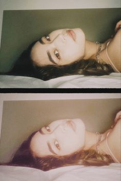 two pictures of a woman laying on top of a bed next to each other with their eyes closed