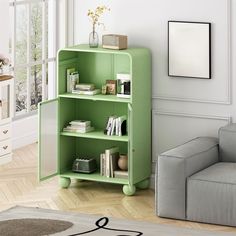 a living room with a couch, chair and bookshelf