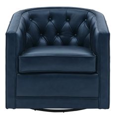 a blue leather chair with buttons on the back and armrests, viewed from the front