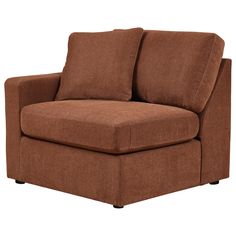 a brown couch with two pillows on the back and one arm folded over it's head