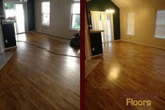 an empty living room and kitchen before and after remodeling with wood floors