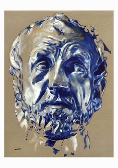 a painting of a man's face in blue and gold